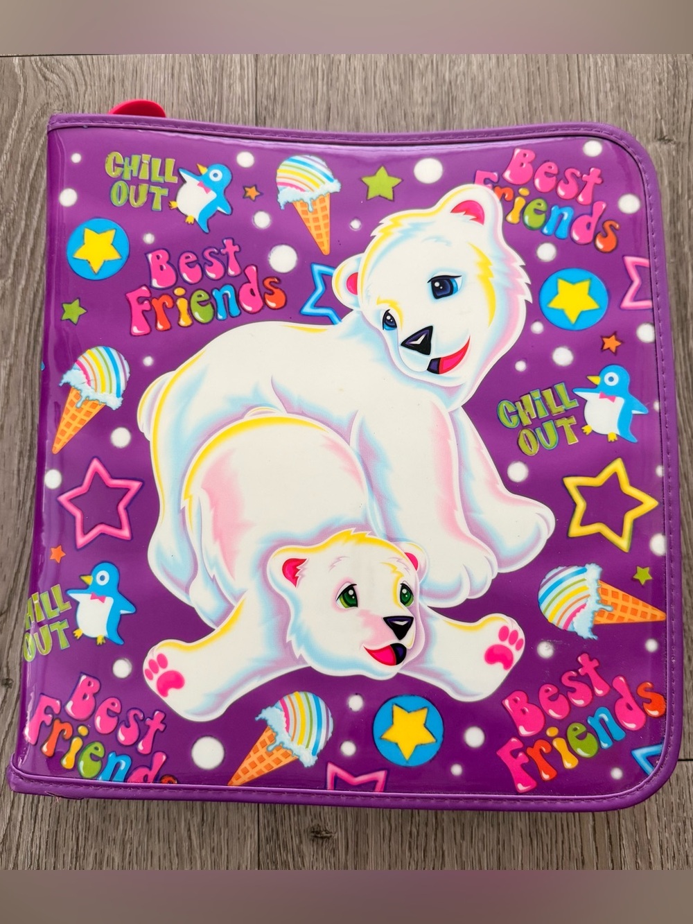 Lisa Frank VTG Roary Buddy Polar Bear 3 Ring Zip Binder 13"Large Friends Purple